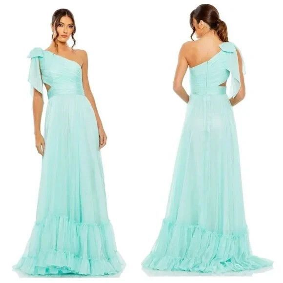 MAC DUGGAL AQUA BLUE ONE SHOULDER RUCHED CHIFFON GOWN SZ 6 NWT $398 - Picture 1 of 6